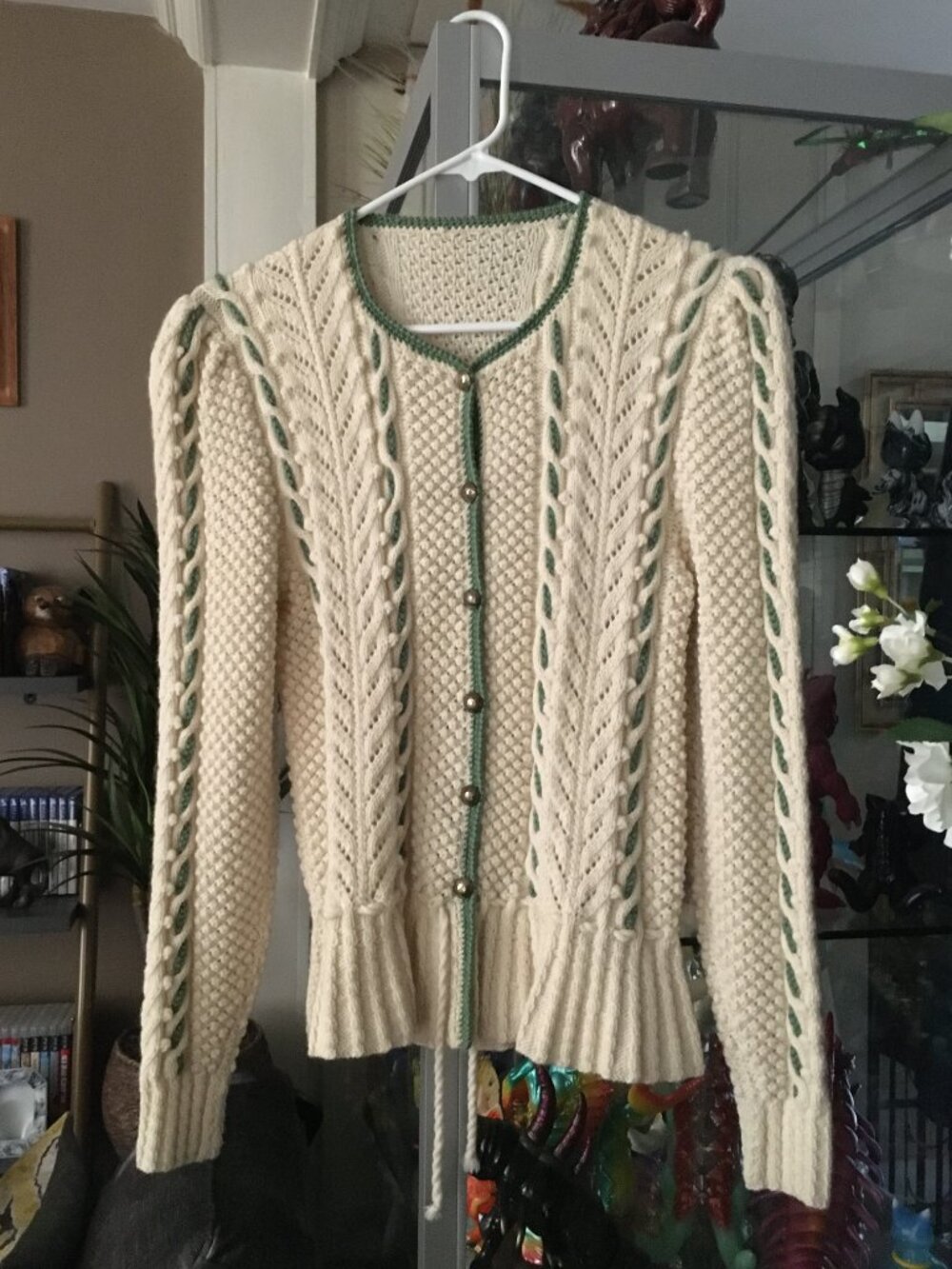 Vintage Hand-Knit Peplum Cardigan Sweater S Cream Sage Green Cable Whimsigoth - Picture 2 of 16